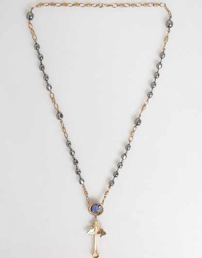 Gold Tone Beaded Chain Religious Cross Necklace