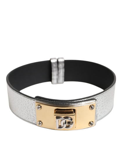 Silver Textured Leather Gold Tone Metal Neckband