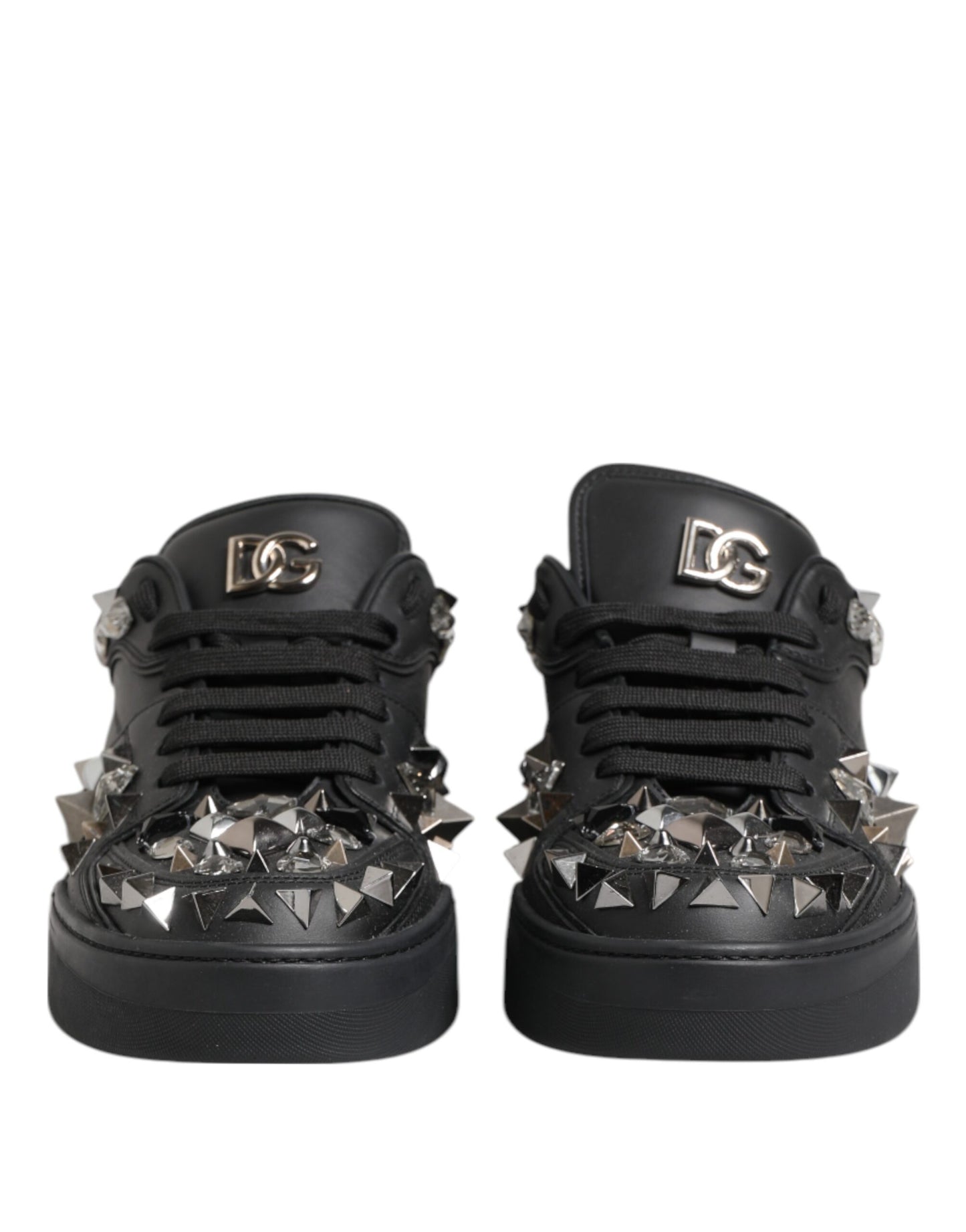 Black Leather Studded Low Top Sneakers Shoes