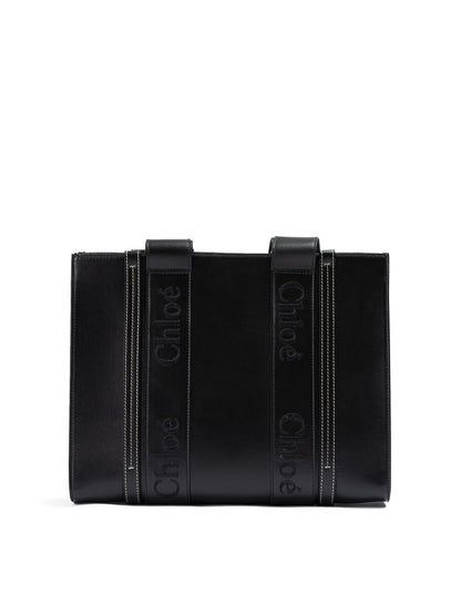 Black Woody Embroidered Logo Leather Medium Tote Bag