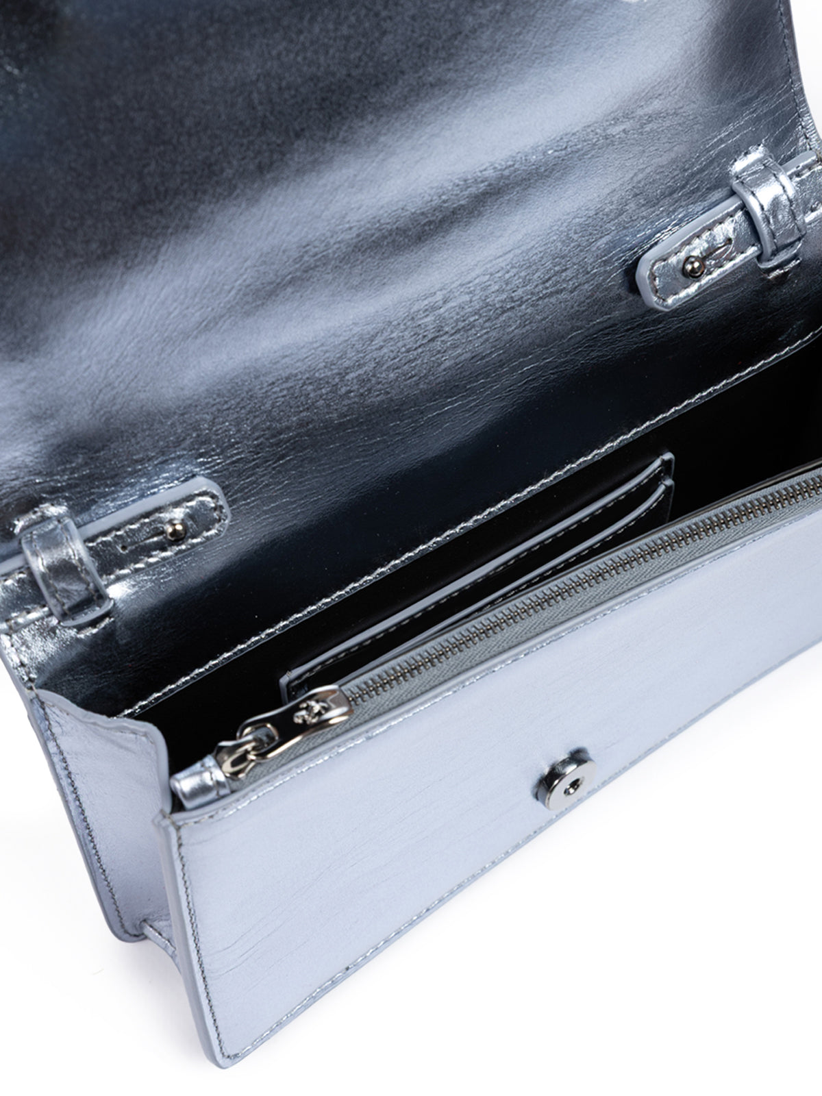 Metal light blue GT patent leather bag with chain