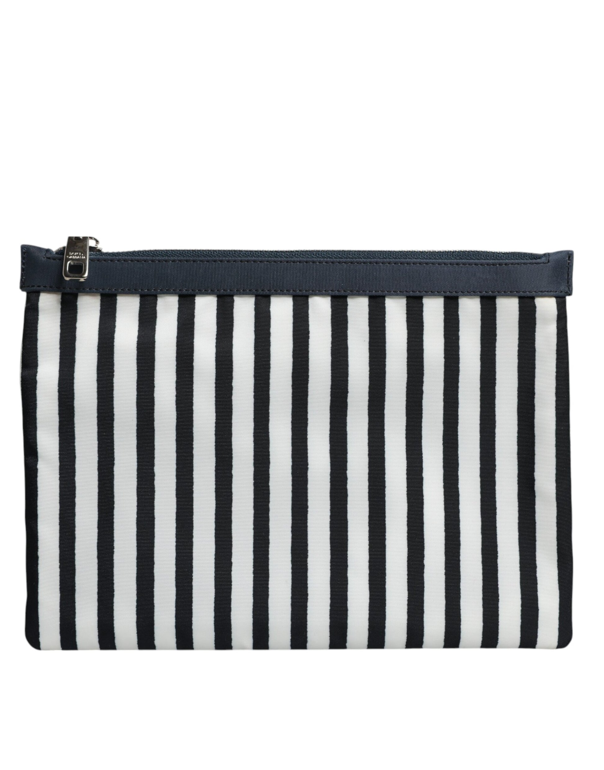 Black White Striped Logo Plaque Clutch Pouch Bag