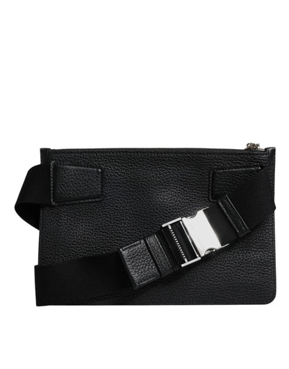 Black Leather Logo Embossed Waist Fanny Pack Borse Bag
