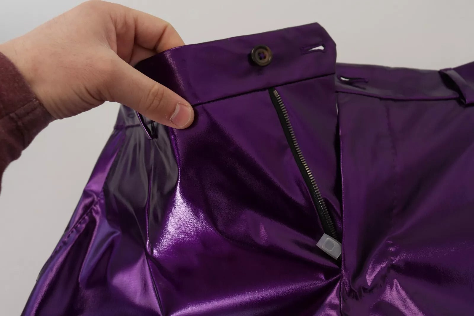 Purple Metallic Nylon Straight Trouser Pants