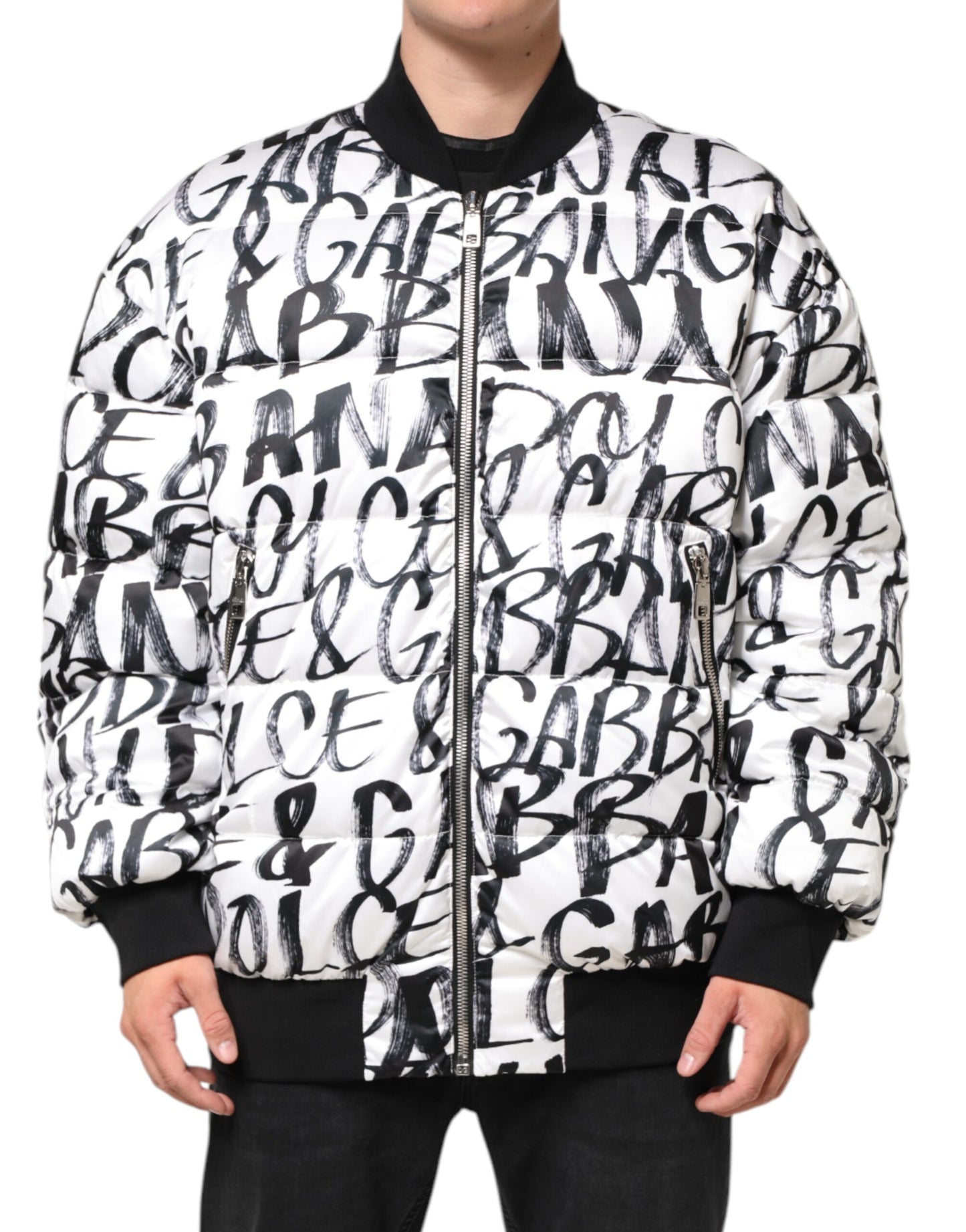 White Black Graffiti Logo Puffer Bomber Jacket
