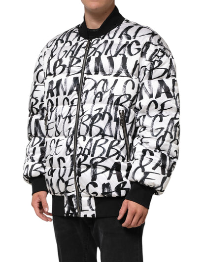 White Black Graffiti Logo Puffer Bomber Jacket
