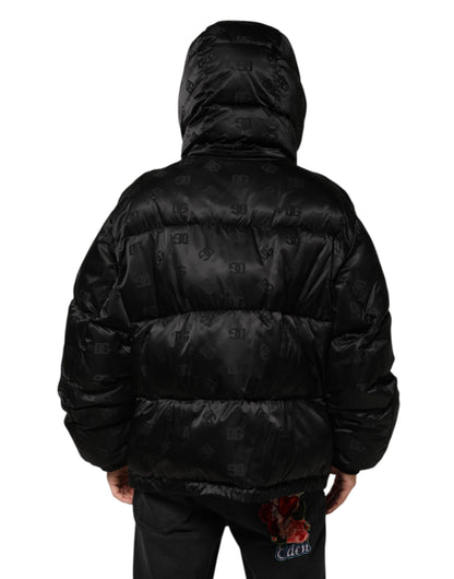 Black Monogram Logo Puffer Nylon Hooded Jacket