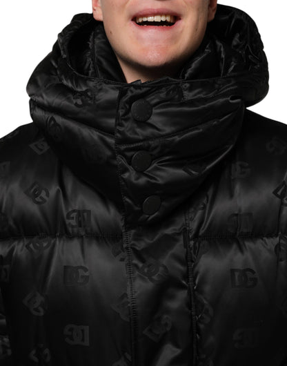 Black Monogram Logo Puffer Nylon Hooded Jacket