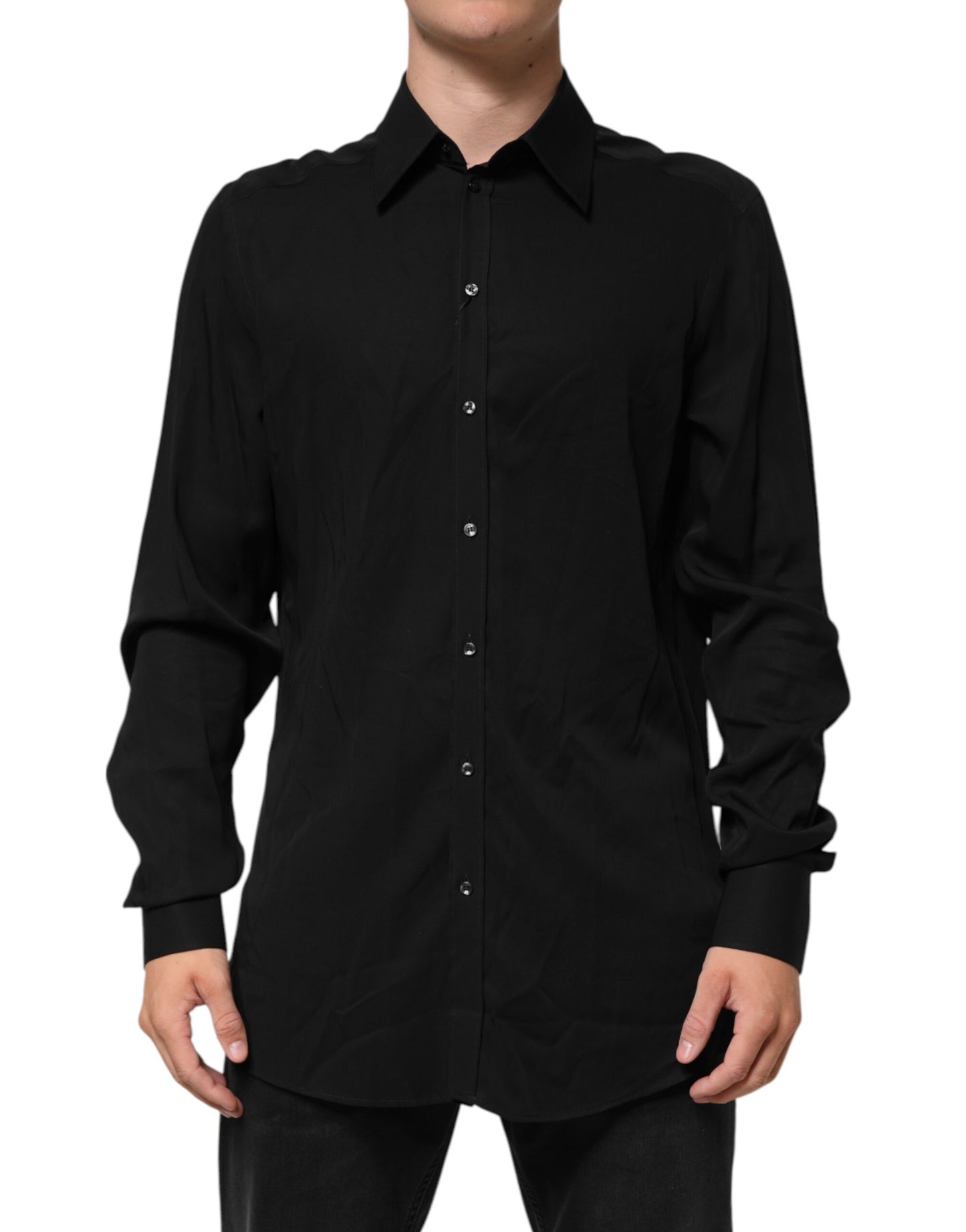 Black Viscose Long Sleeve Formal Dress Shirt