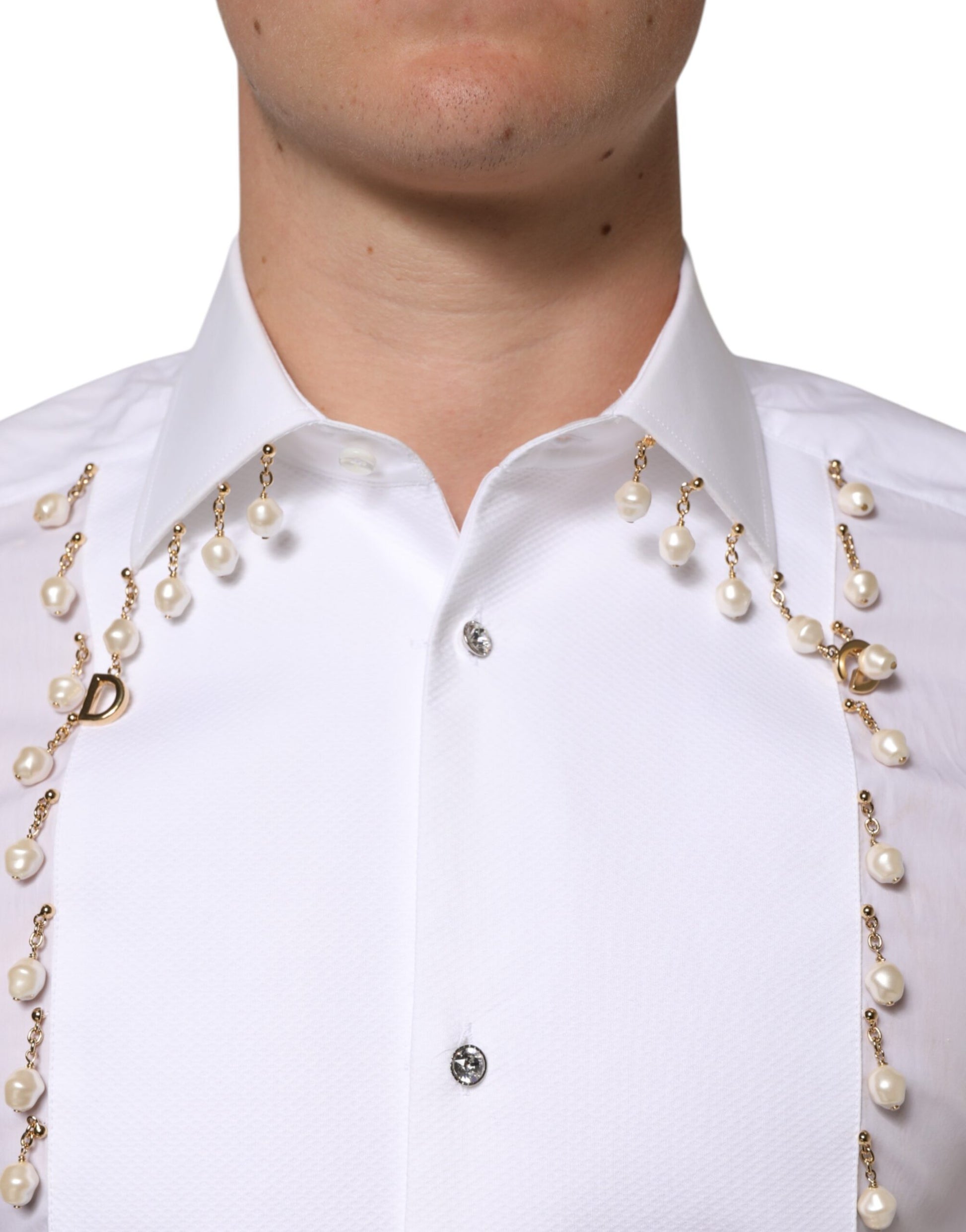 White Cotton DG Logo Pearl Chain Formal Shirt