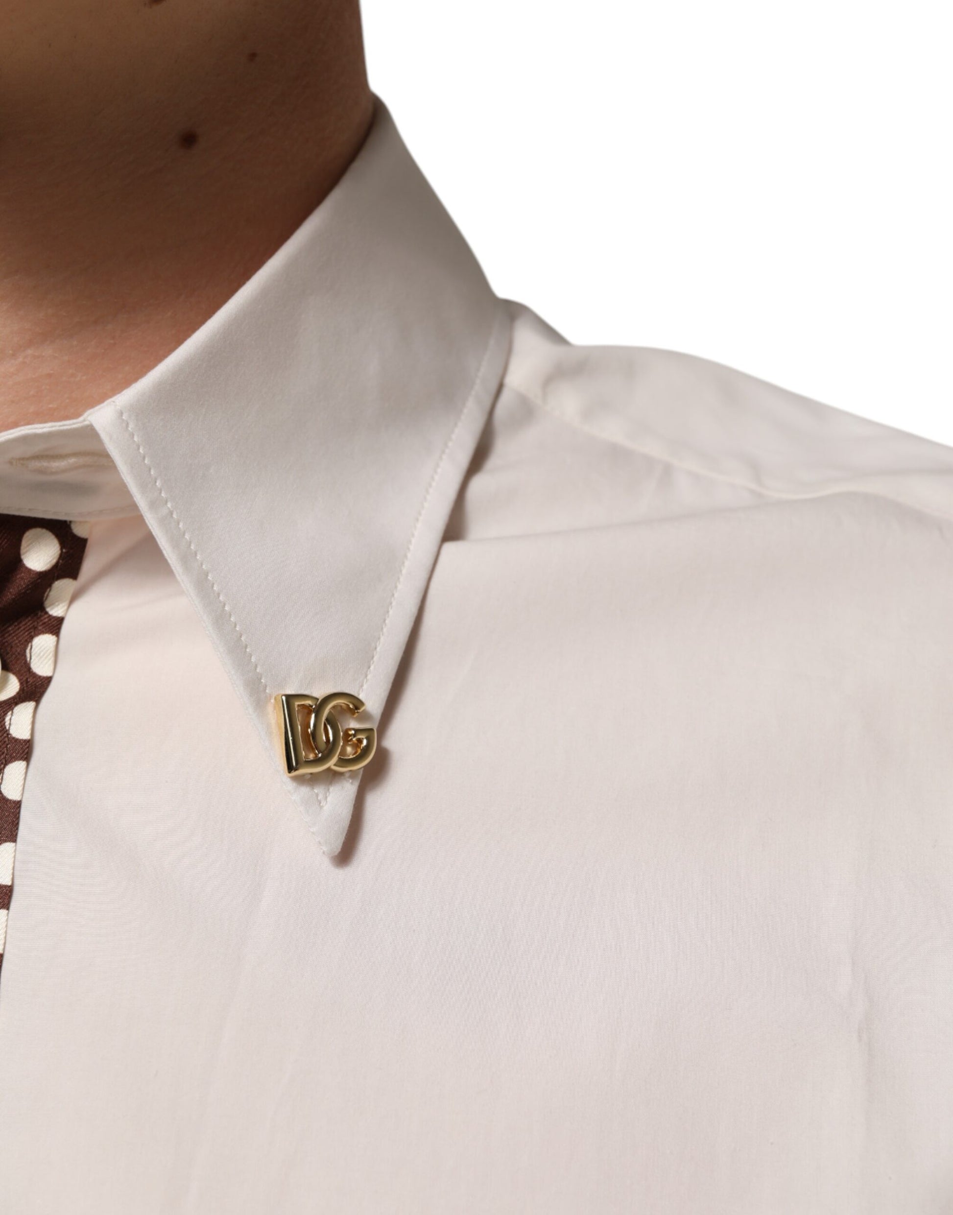 Cream White Cotton Polka Dot Slim Fit Shirt