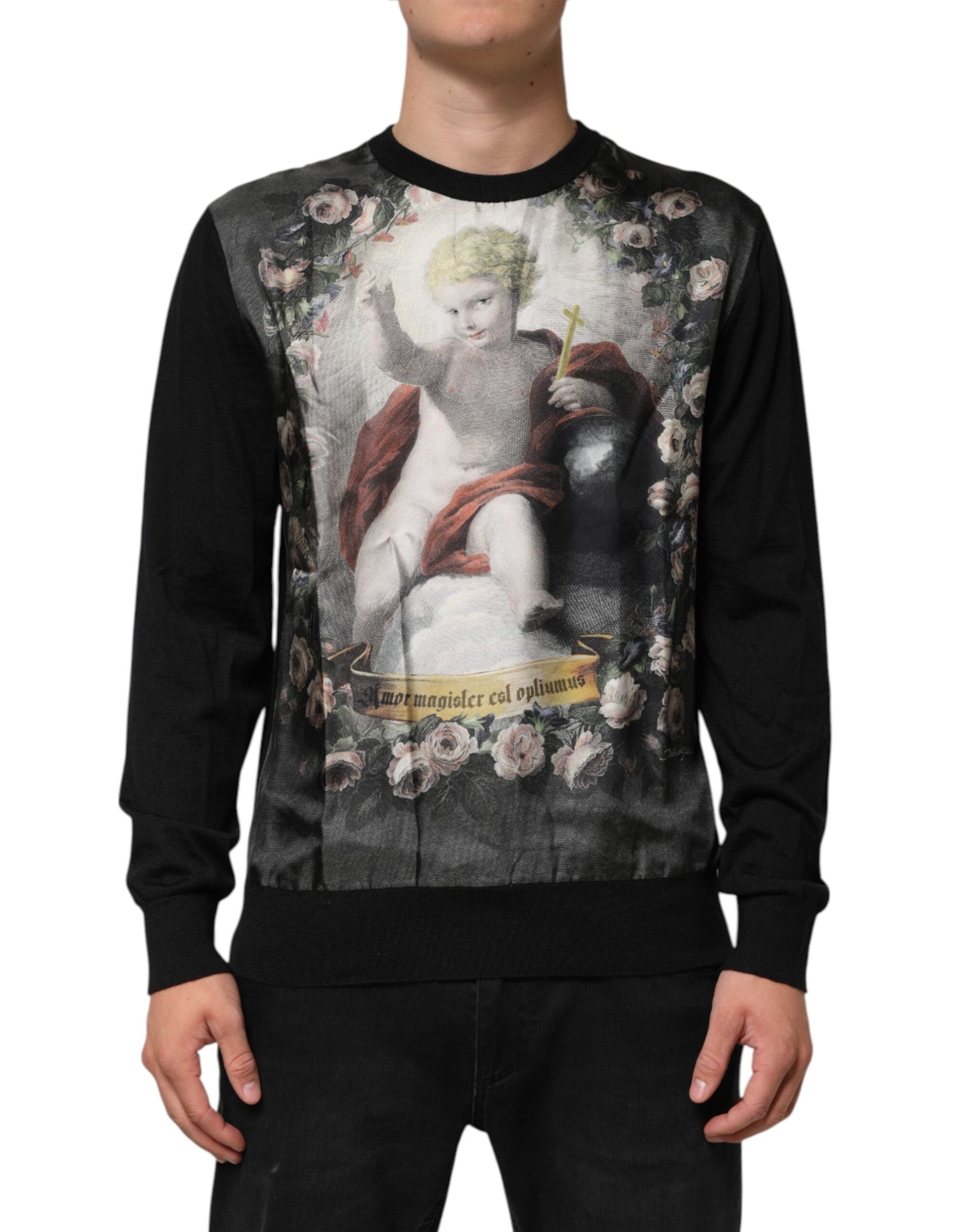 Black Cashmere Cherub Print Baroque Sweater