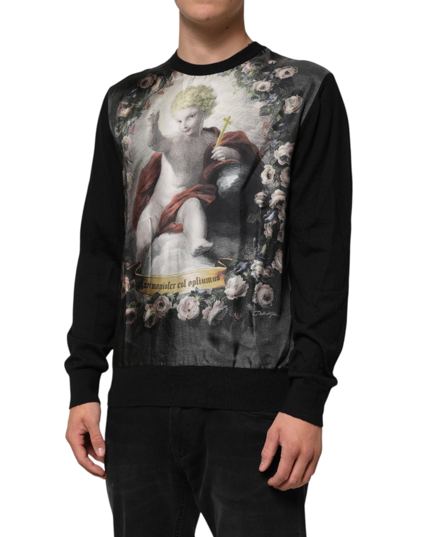 Black Cashmere Cherub Print Baroque Sweater