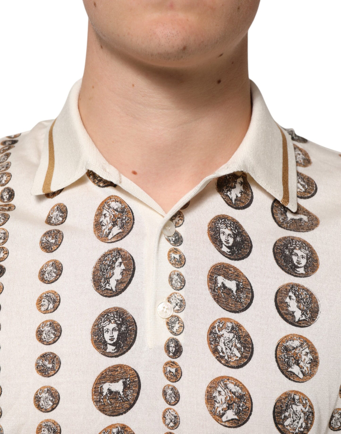 Silk Ivory Coin Print Logo Men Polo T-shirt