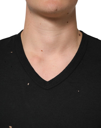 Black Cotton Tattered Logo V-Neck Men T-shirt