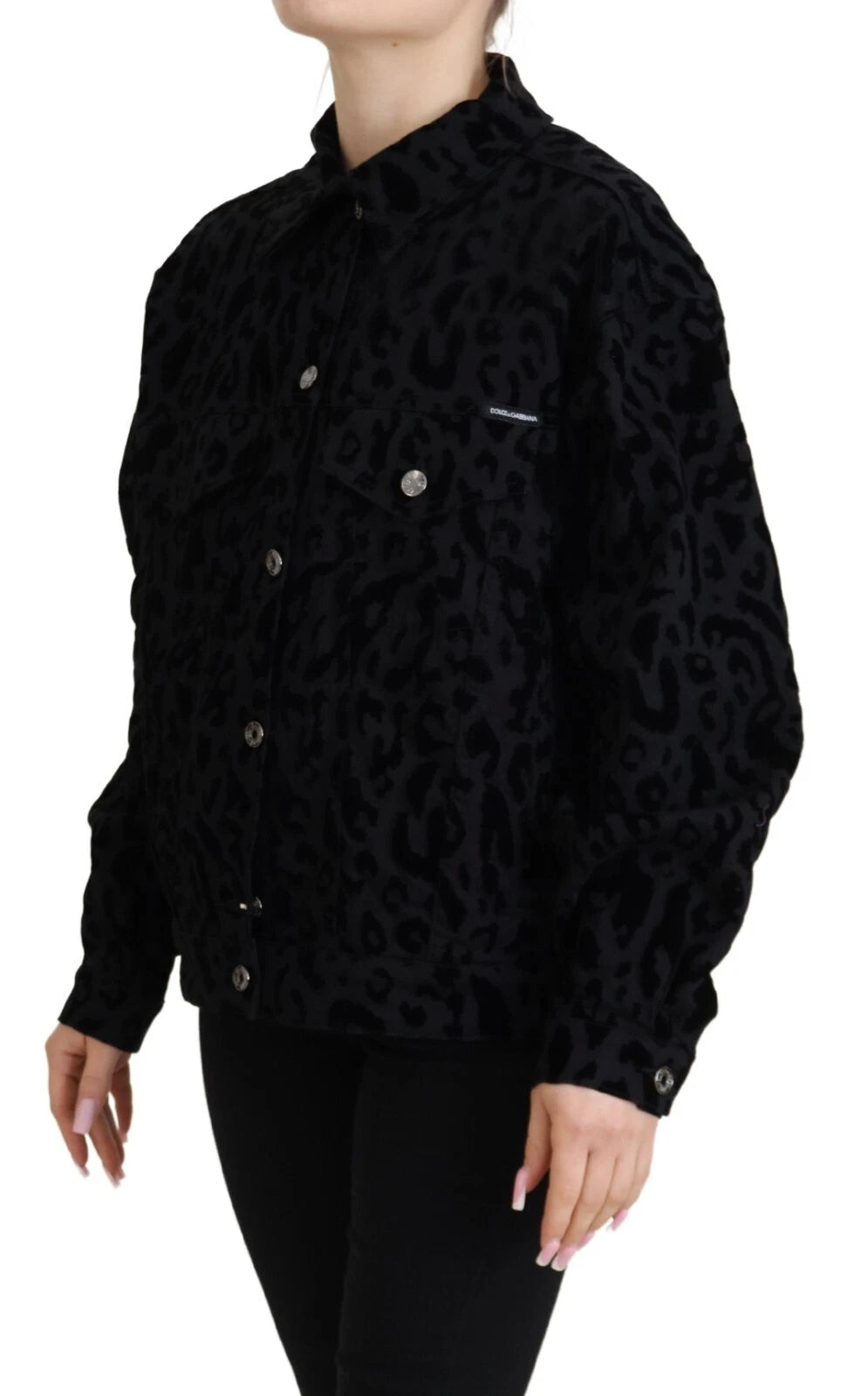 Cotton Black Leopard Long Sleeve Denim Jacket