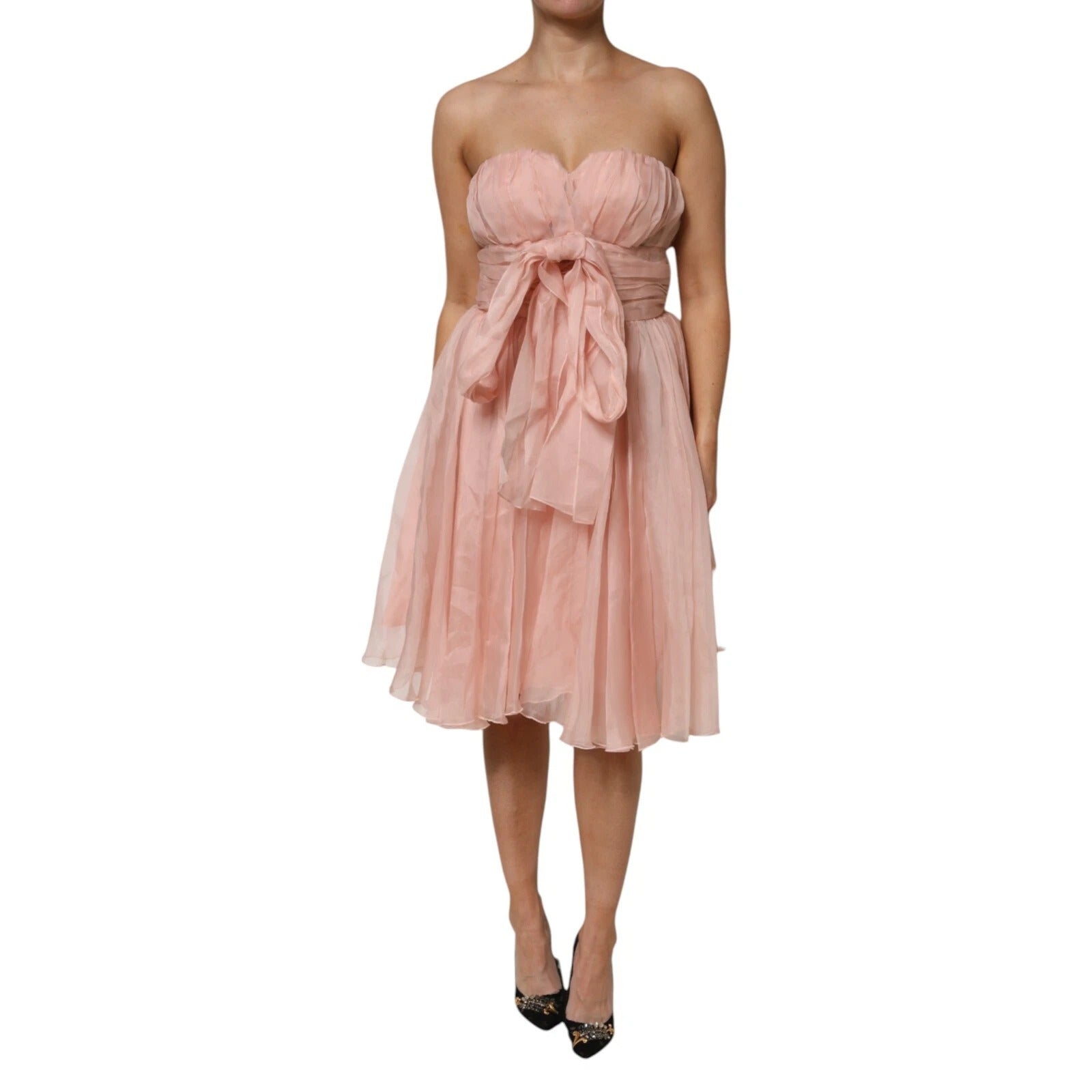 Pink Silk Chiffon A-line Pleated Midi Dress