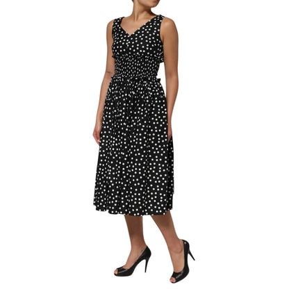 Black White Cotton Polka Dot Print V Neck Dress