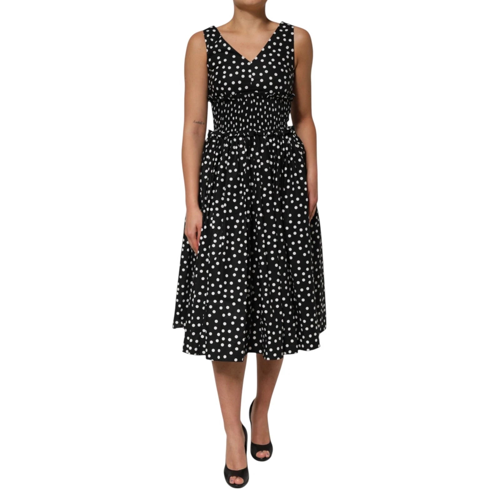 Black White Cotton Polka Dot Print V Neck Dress