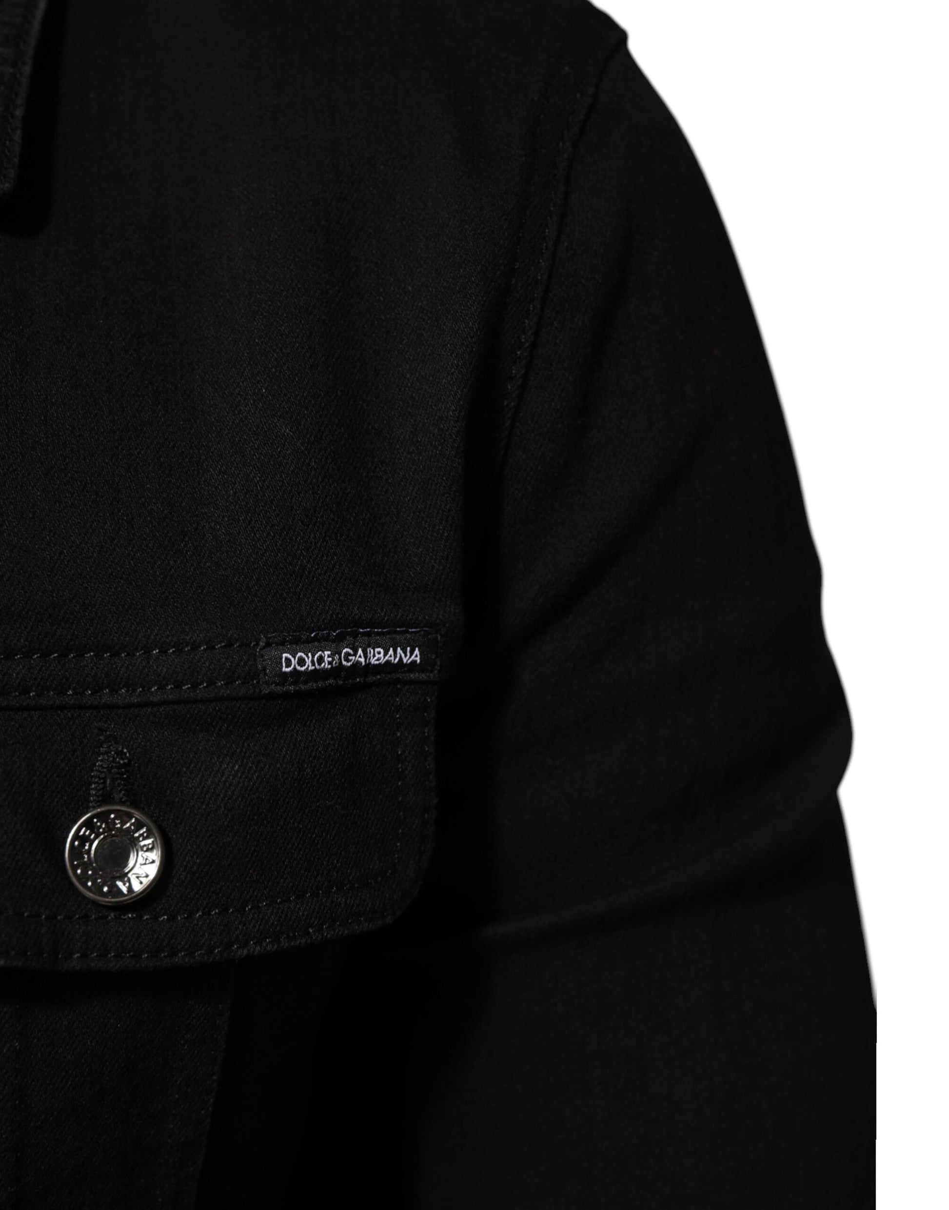 Black Cotton Denim Stretch Button Up Jacket
