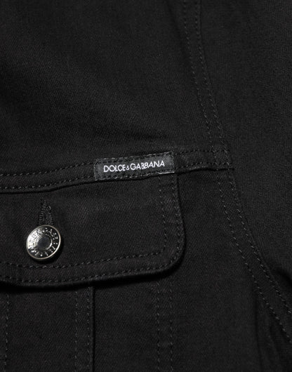 Black Cotton Denim Stretch Button Up Jacket