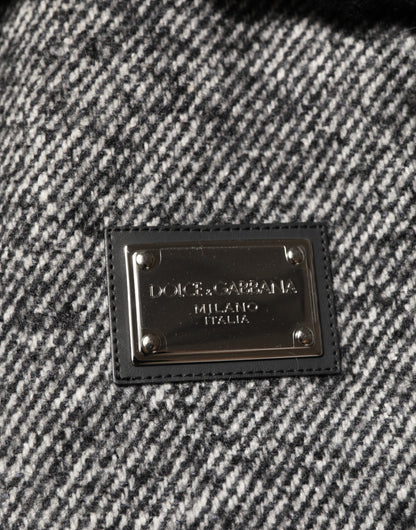 Gray Wool Herringbone Shearling Collar Bomber Jacket