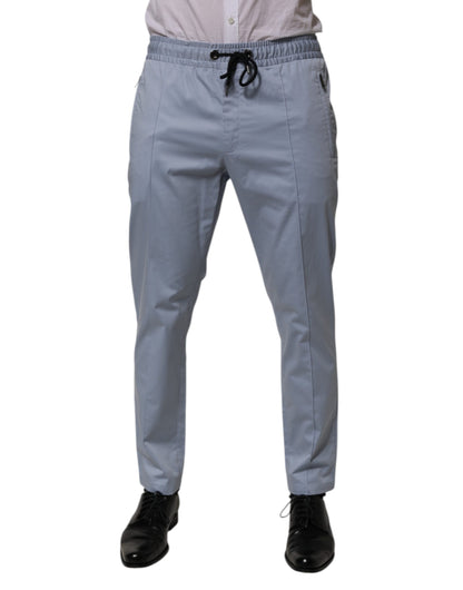 Light Blue Cotton Drawstring Elastic Waist Men Pants