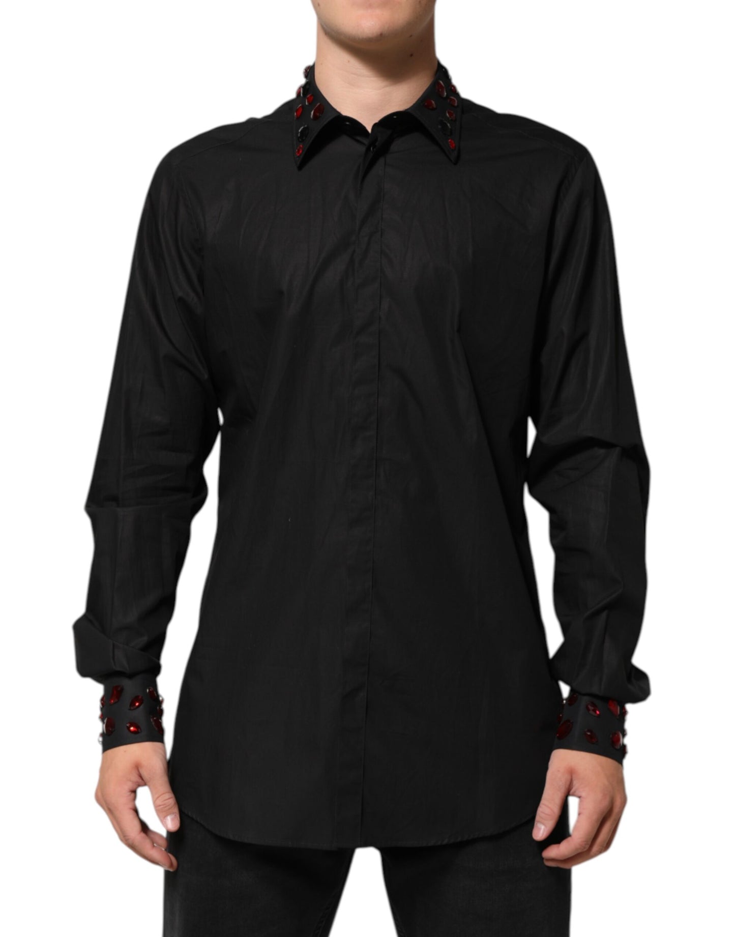 Black Cotton Embellished Collar Men’s Shirt