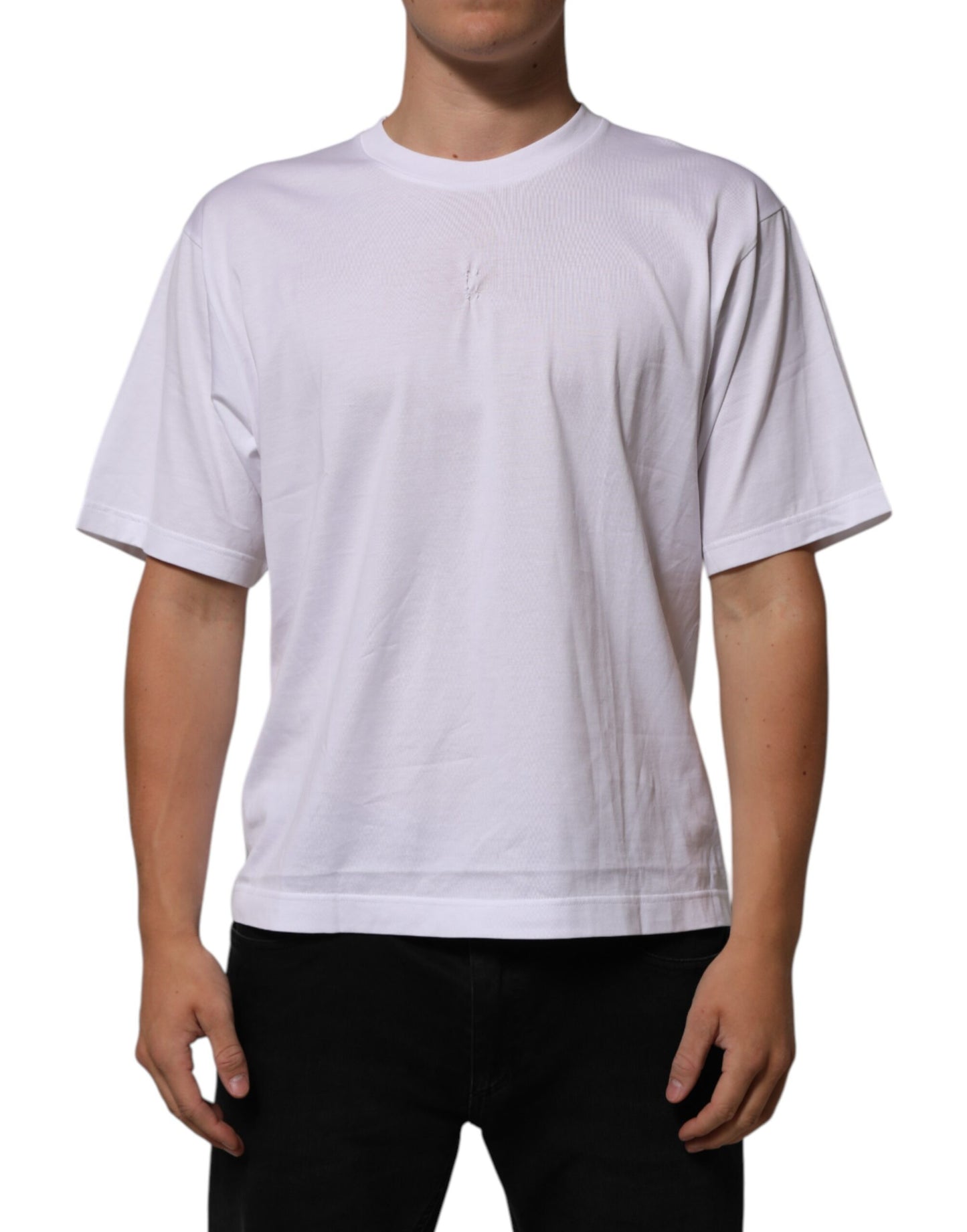 White Cotton Logo Patch Crew Neck Men T-shirt
