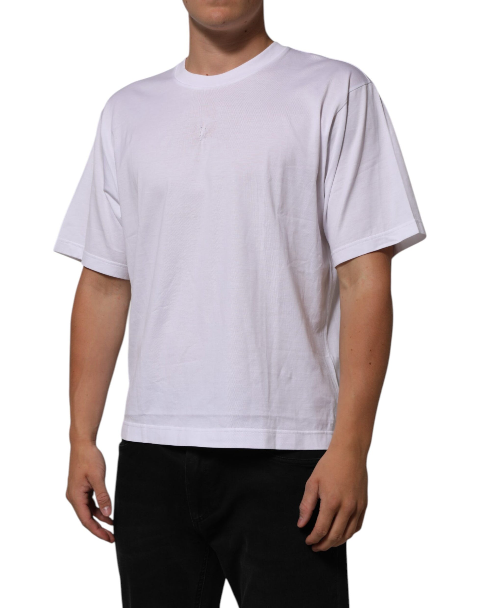 White Cotton Logo Patch Crew Neck Men T-shirt