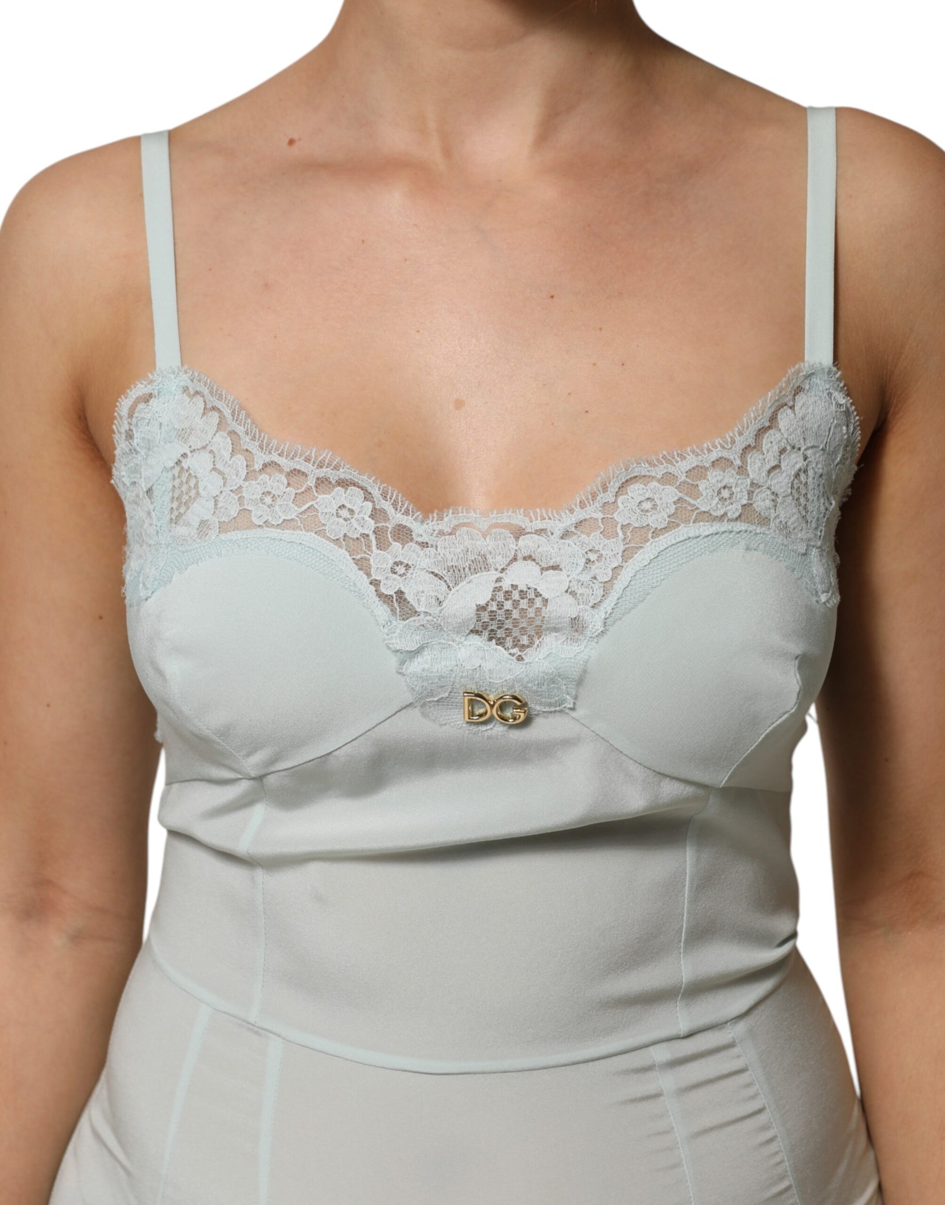 Light Blue Silk Lace Midi Bodycon Slip Dress