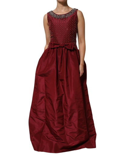 Burgundy Silk Beaded Evening Gown Dress