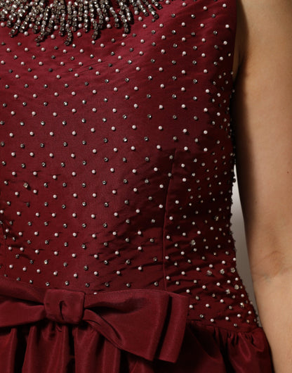 Burgundy Silk Beaded Evening Gown Dress