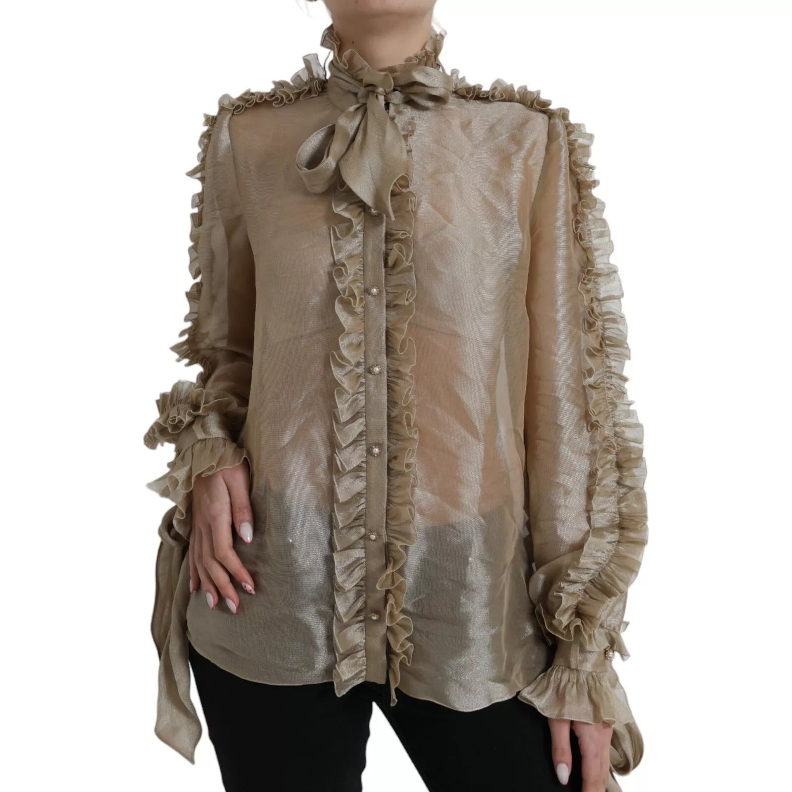 Gold Ascot Collar Ruffles Blouse Top