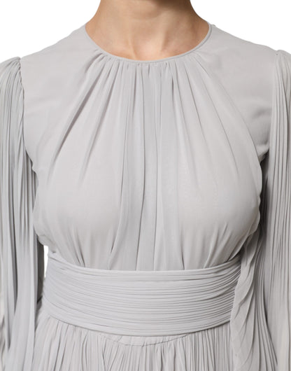 Grey Pleated Maxi Long Sleeve Silk Blend Gown Dress