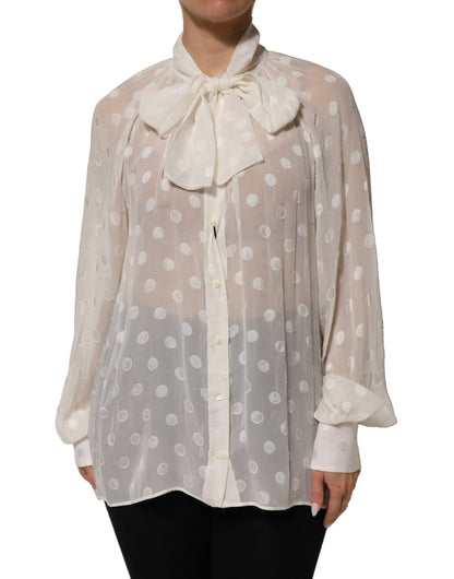 White Polka Sheer Silk Bow Tie Shirt Blouse Top