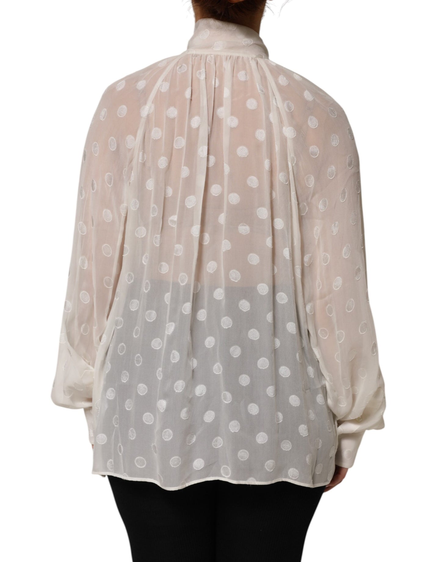 White Polka Sheer Silk Bow Tie Shirt Blouse Top