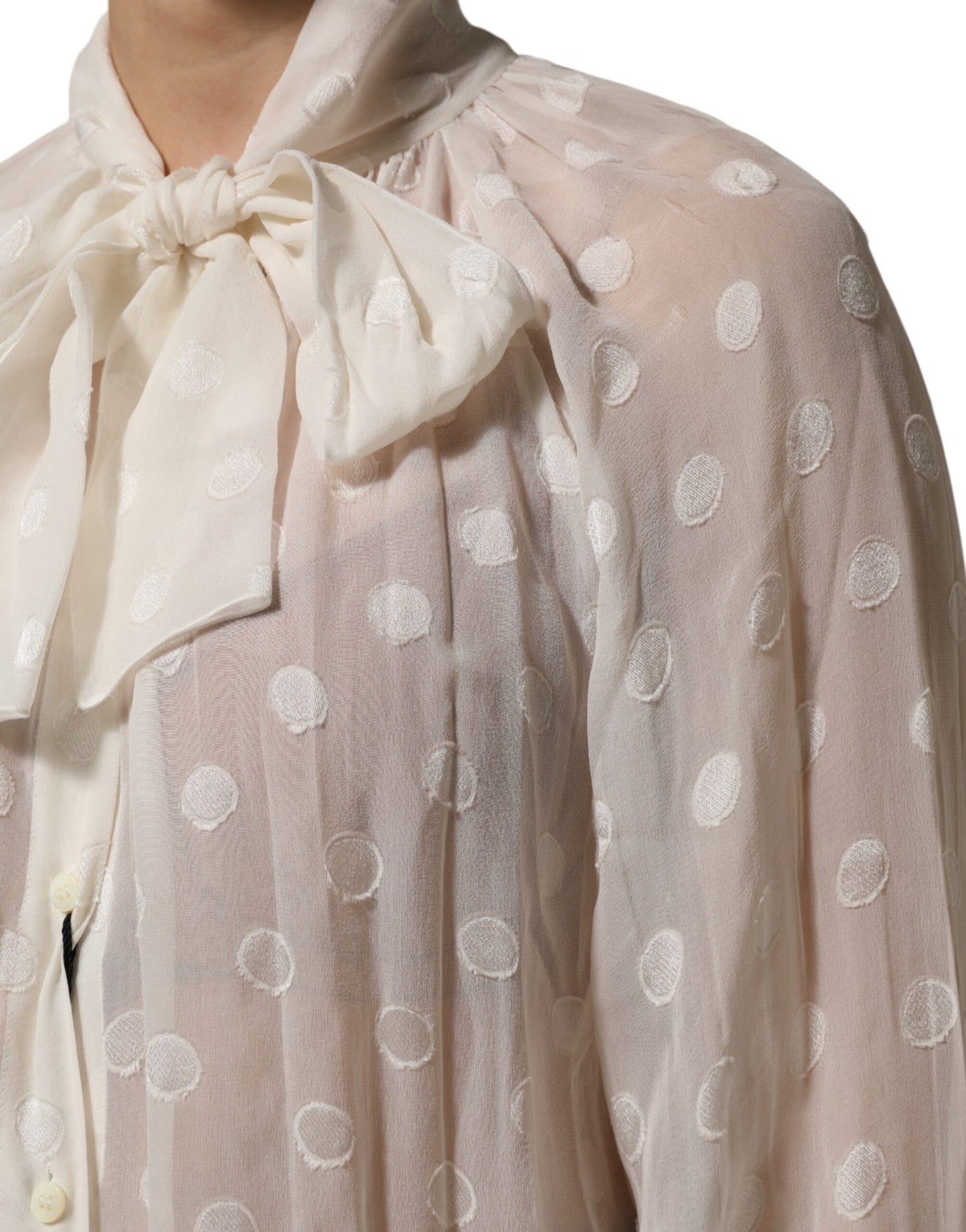 White Polka Sheer Silk Bow Tie Shirt Blouse Top