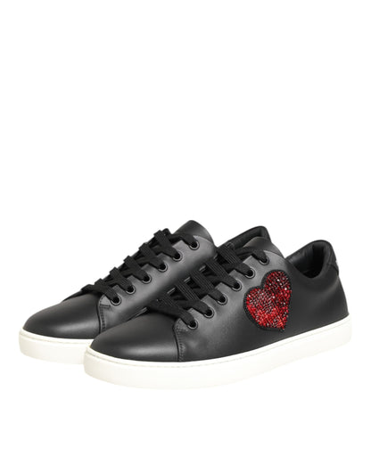 Black White Leather Crystal Heart Sneakers Shoes