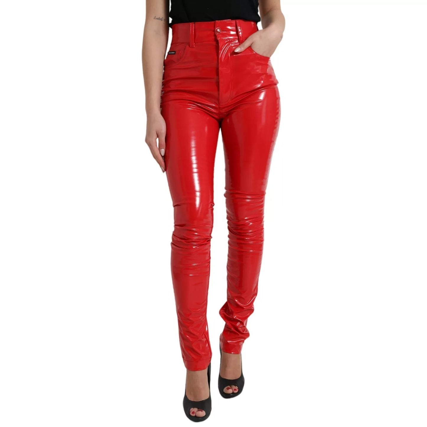 Red High Waist Skinny Trouser Shiny Pants