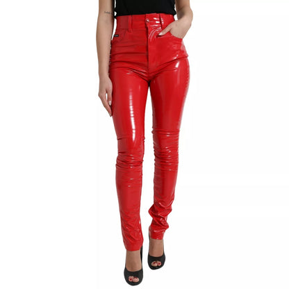 Red High Waist Skinny Trouser Shiny Pants