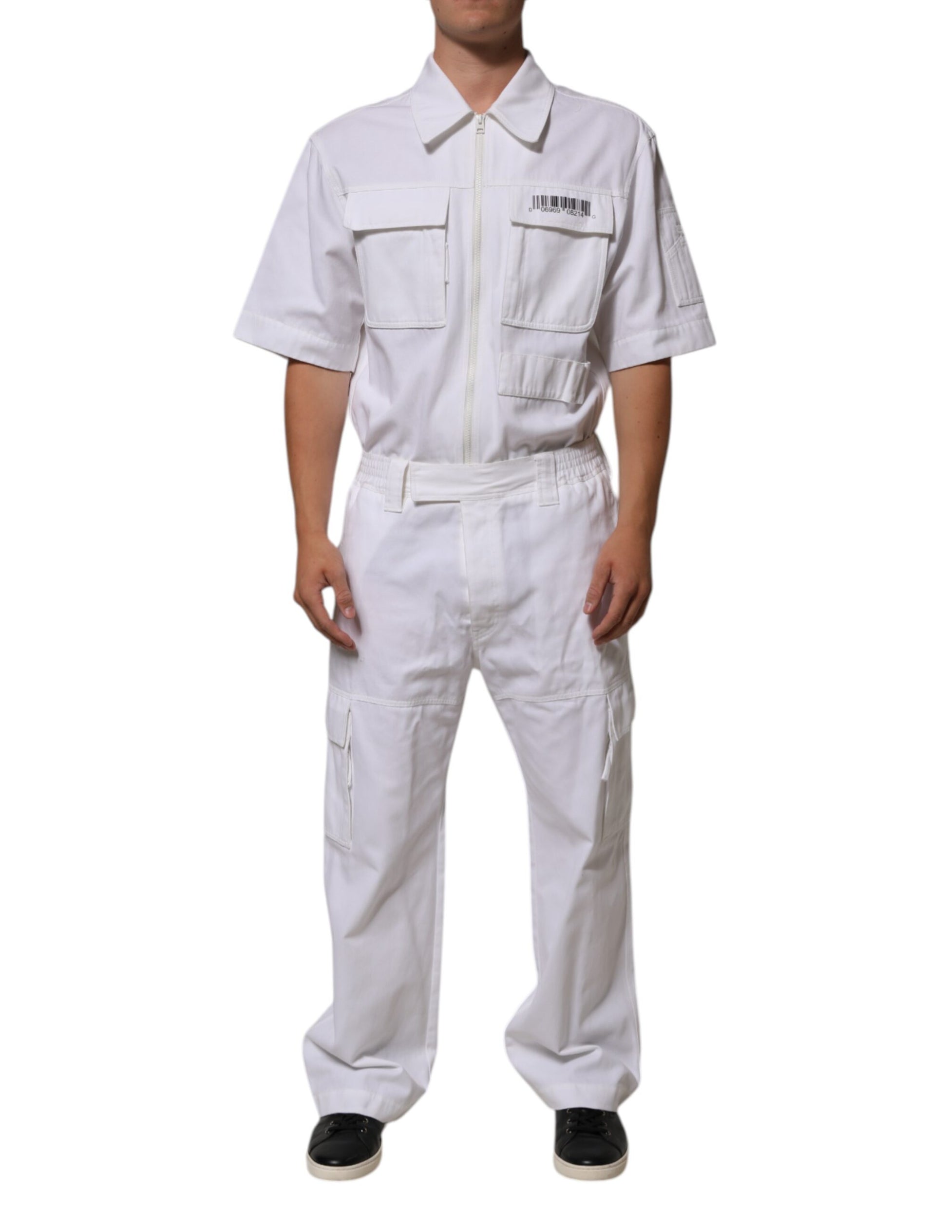White Barcode Patch Utility Zip Jumpsuit Pants