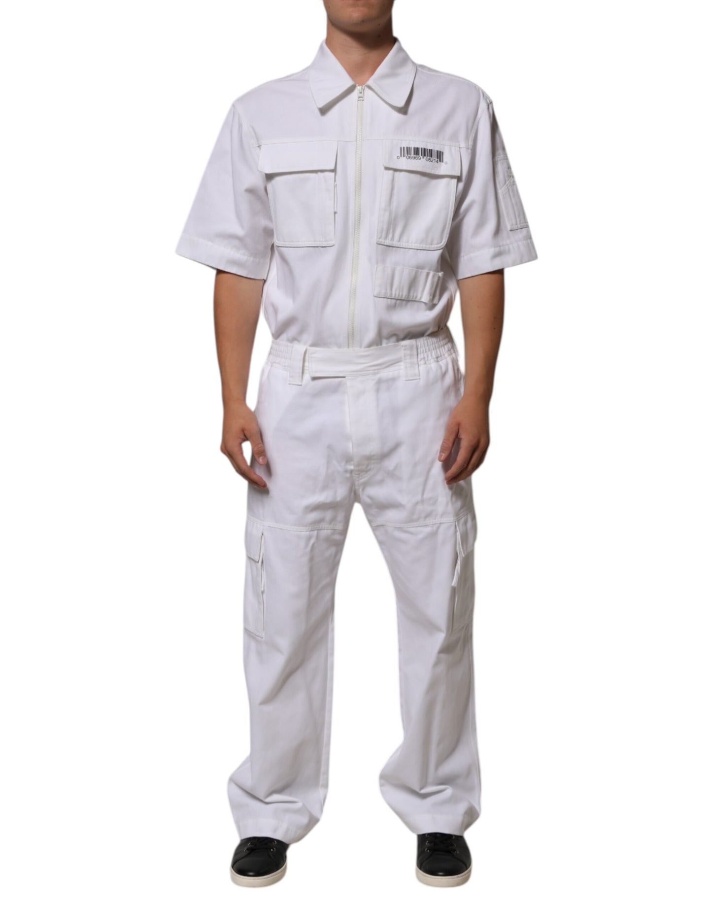 White Barcode Patch Utility Zip Jumpsuit Pants