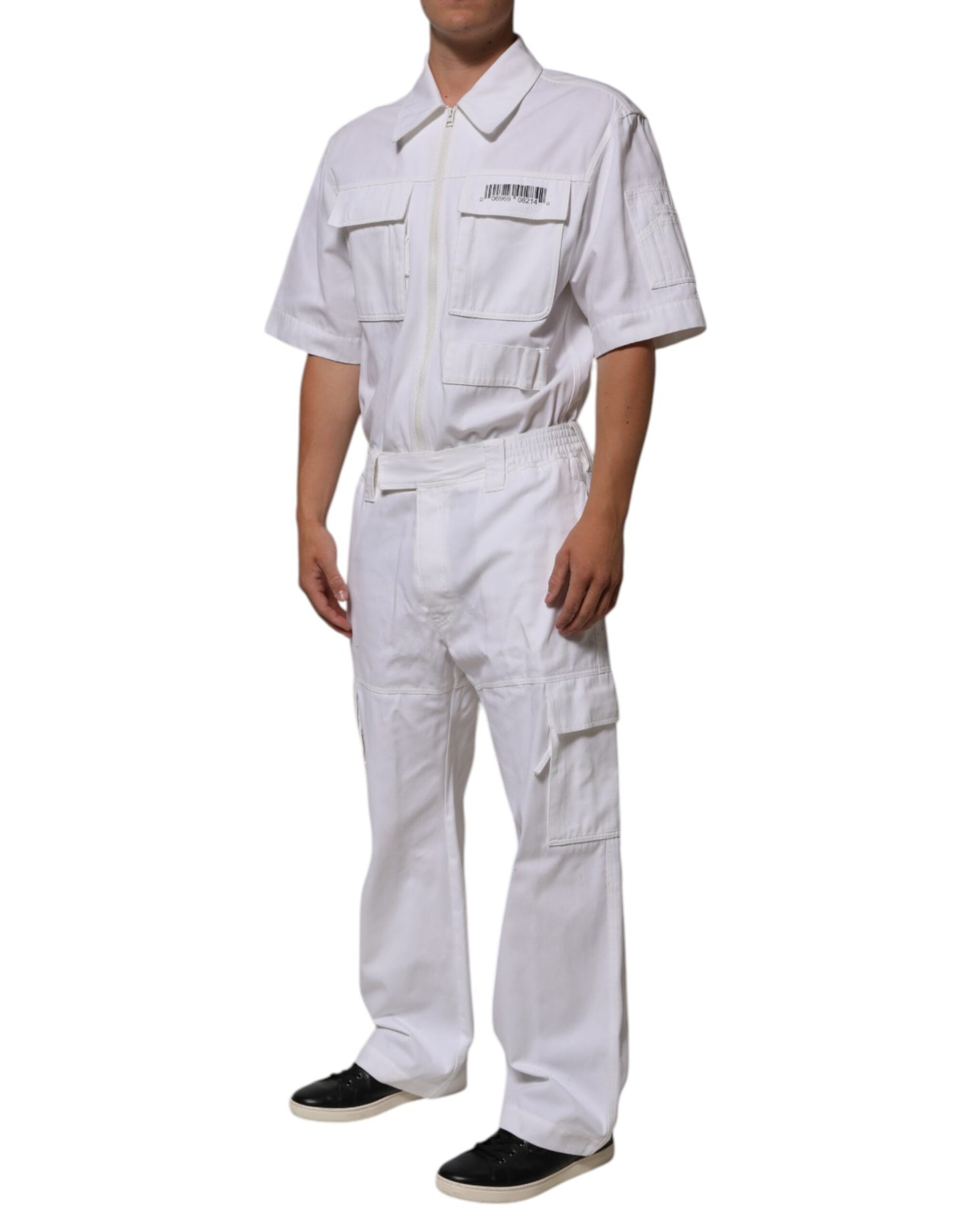White Barcode Patch Utility Zip Jumpsuit Pants