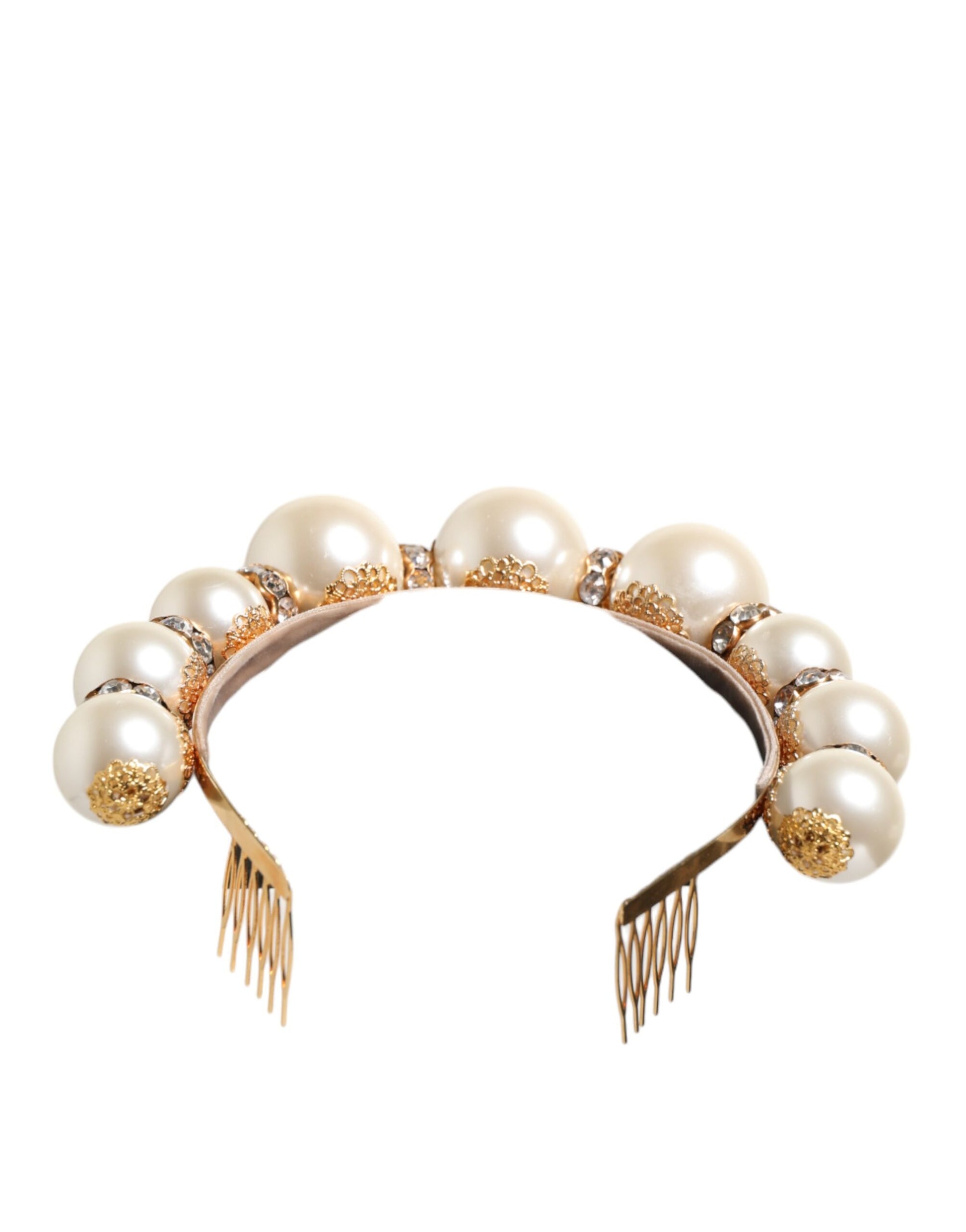 Gold Pearl Crystal Embellished Tiara Hair Accessory Headband