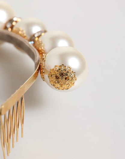 Gold Pearl Crystal Embellished Tiara Hair Accessory Headband