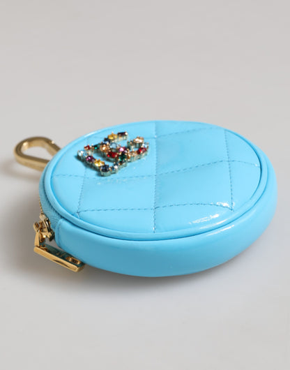 Azure Blue Leather Round Coin Purse Keychain Crystal Logo Wallet