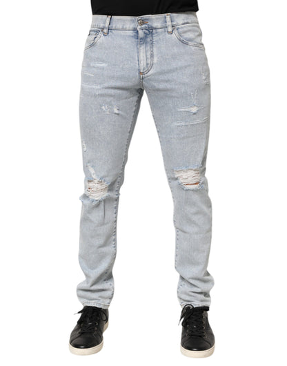 Light Blue Distressed Slim Fit Ripped Denim Jeans