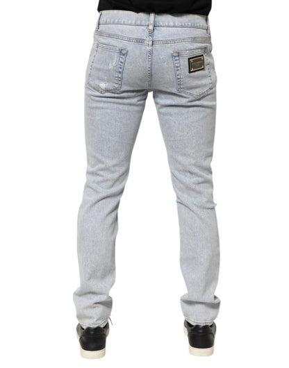 Light Blue Distressed Slim Fit Ripped Denim Jeans