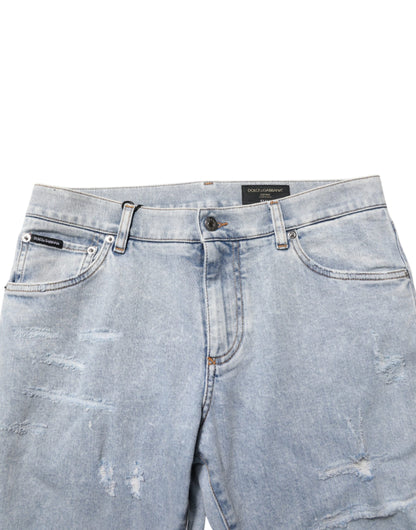 Light Blue Distressed Slim Fit Ripped Denim Jeans